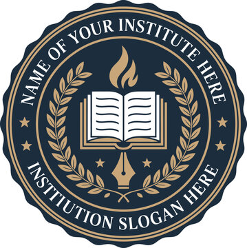 Academic emblem with open book, flame, and pen for educational institutions