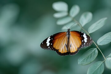 Fototapeta premium common tiger butterfly resting on green leaves, nature and wildlife macro concept