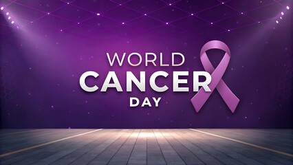 World Cancer Day Awareness Banner with Purple Ribbon on Modern Stage Background
