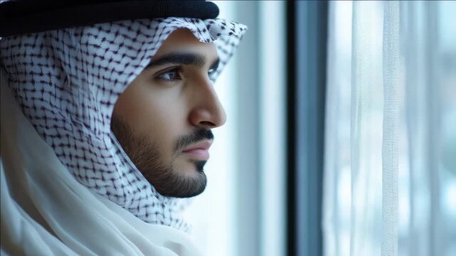 Royalty looking out window with reflection in glass.