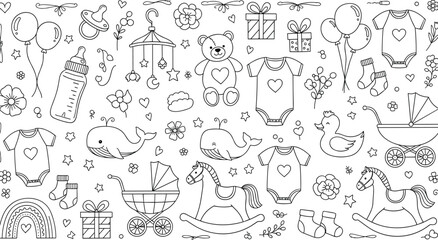 Obraz premium Cute Baby Shower Doodle Line Art Collection Featuring Toys, Clothes, Gifts and Nursery Elements for Coloring Pages, Invitations, Scrapbooking and Stock Illustration