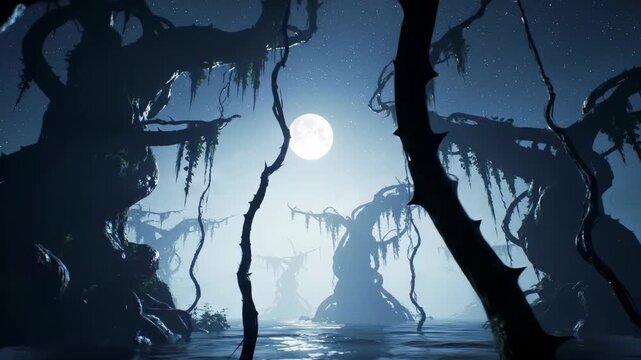 Mystical swamp landscape with full moon, night scene featuring trees, water and fantasy environment, spooky nature, atmospheric, fantasy art