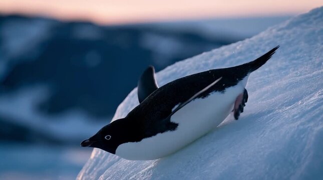 Adelie penguin slides down an icy slope in Antarctica during a beautiful sunset