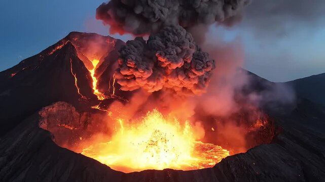 Volcanic eruption with lava and smoke explosion in a dramatic natural disaster scene