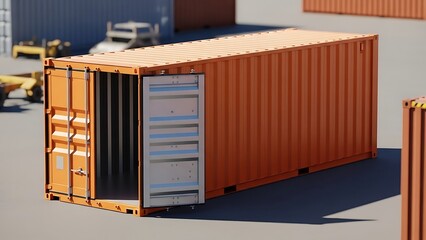 An open orange shipping container sits on a concrete surface, with other containers in the background