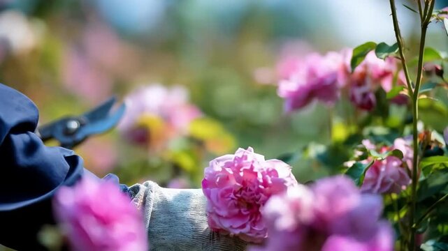 Medium shot showcasing manual precisionblade pruners delicately shaping flowering shrubs in a sunlit garden.