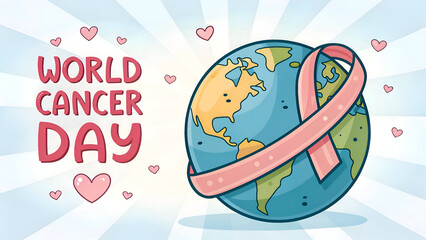 World Cancer Day Awareness Illustration with Cartoon Earth and Pink Ribbon