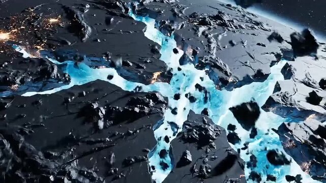 Glacial ice melt flowing through dark rocky terrain in abstract pattern