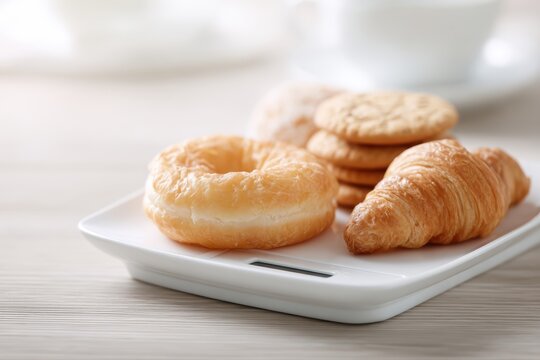 calories counting concept, doughnut croissant and cookies on white plate with scale for calorie measuring, diet and health concept