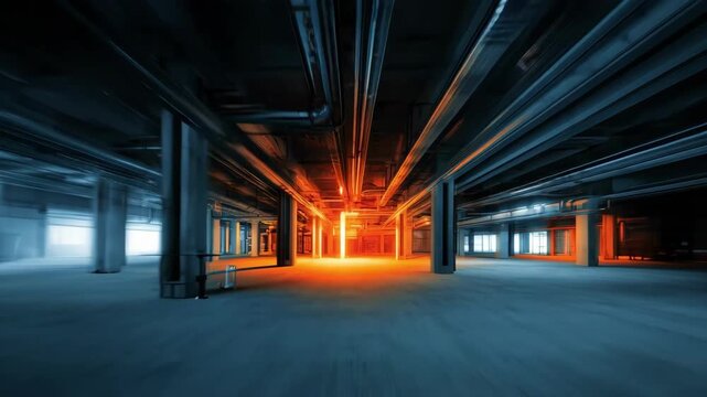 Medium shot of an infrared heat sensor system scanning building infrastructure for rapid temperature variations in fire prevention applications.