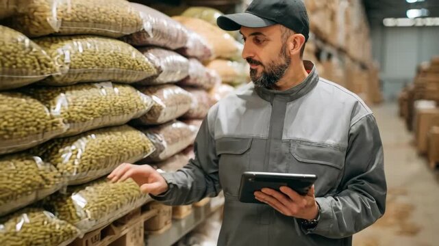 Medium shot of a warehouse manager inspecting packaged pulses with a digital handheld device showcasing streamlined documentation and quality control processes.