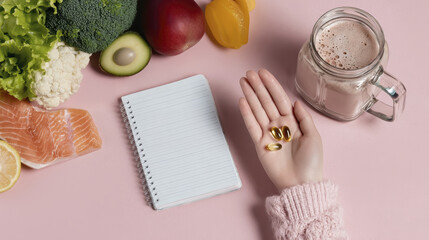 Balanced diet planning with fresh produce, supplements, and a healthy smoothie on pastel background
