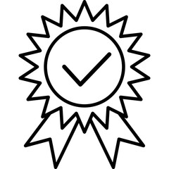 Certificate badge with tick mark and ribbon seal. Professional medal stamp for proven excellence, genuine product verification, winner symbol and trust guarantee.