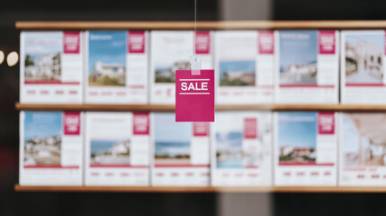 Real estate sale sign against blurred background with property listings in a window display