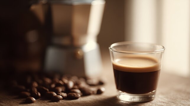 espresso shot in double wall glass with moka pot and roasted coffee beans, cozy lifestyle coffee scene, warm light
