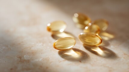 golden gel capsules on travertine stone, premium dietary supplement mockup, selective focus, soft natural sunlight, luxury healthcare concept