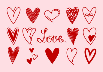 Hand drawing hearts set with Love lettering word. Valentines day vector illustration