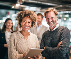 Diverse business colleagues smiling in a modern open-plan office. A woman with curly hair holds a tablet while standing next to a man in a gray sweater with coworkers in the background.