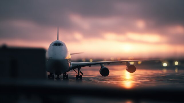airplane parked at airport terminal gate during sunset, modern international airport, travel and transportation concept