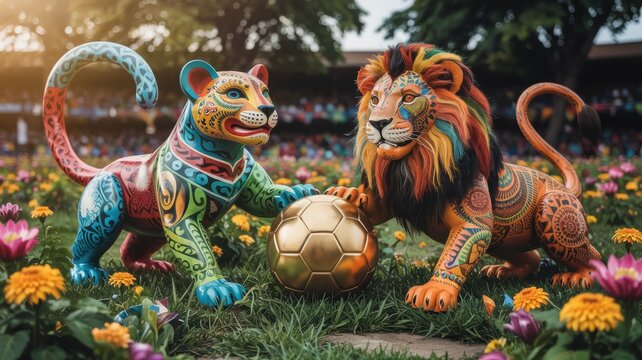 Poster of football match between Mexico and South Africa. Mexican 'Alebrije' spirit animal  in bright colors and South African lion in geometric patterns stand together, guarding a golden soccer ball.