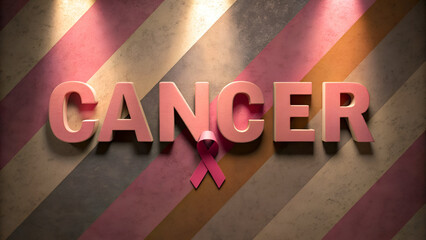 Cancer Awareness 3D Typography with Pink Ribbon on Vintage Striped Background