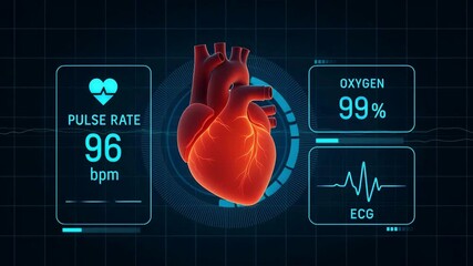 A medical illustration shows a human heart with pulse rate and oxygen levels on a dark background with ECG. - Powered by Adobe