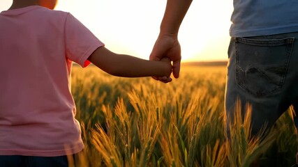 Father holds son hand in wheat field at sunset. Child walks with parent through golden wheat. Father and son share sunset walk together. Parent bonds with child in wheat field at golden hour.