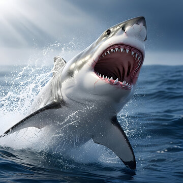 Title: A white shark jumping out of the water with its mouth wide open and sharp teeth visible