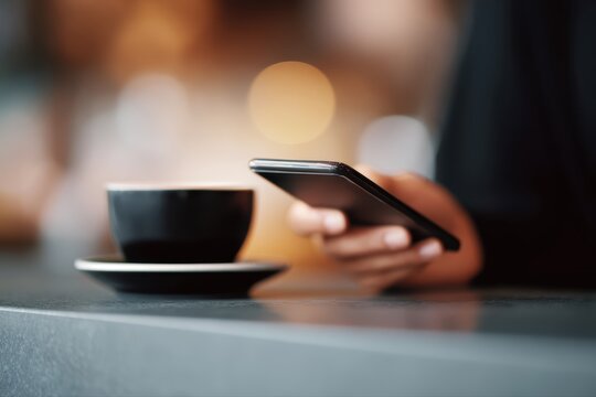 Customer using smartphone to pay at cafe counter, digital wallet and QR code payment, cashless society and mobile banking concept - Powered by Adobe