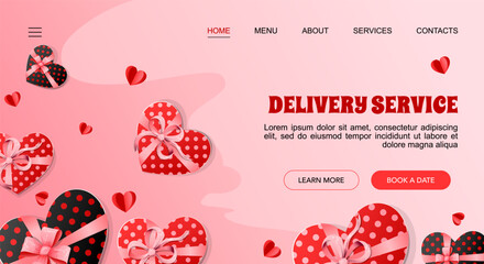 Delivery Service landing web page template with heart shaped gift boxes. Valentines day vector illustration