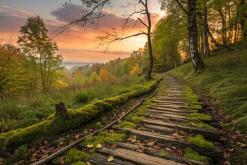 Obraz premium Scenic Woodland Path With Moss and Colorful Trees During Sunset