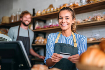 Smiling female baker holding a credit card at a bakery counter. Background features a colleague and shelves of fresh bread. Bright, warm lighting in a modern cafe shop.