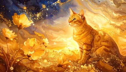 ginger cat and flowers in the night