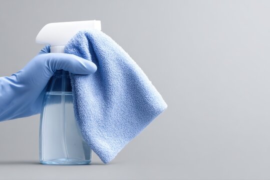 Hand in blue rubber glove holding microfiber cloth and spray bottle, cleaning and disinfection concept