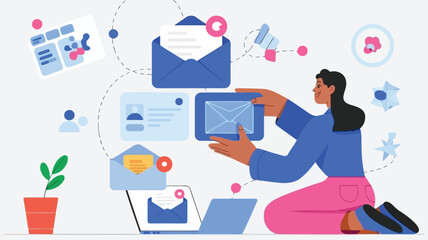 Woman interacting with digital emails and messages on devices in modern workspace