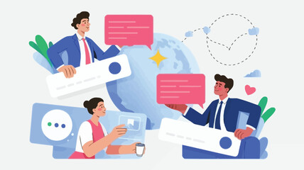 Business professionals engaged in global communication and teamwork