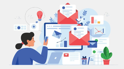 Woman using laptop with email and data visualization on screen