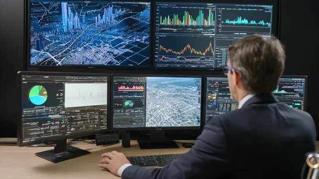 Medium shot of a financial expert analyzing commercial property valuations produced by automated valuation models using artificial intelligence tools on multiple monitors