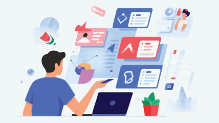 Man working on laptop with creative digital project ideas floating around him