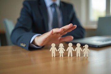 Close-up Shot of a Businessperson's Hand Safeguarding Family Figurines on a Wooden Desk
