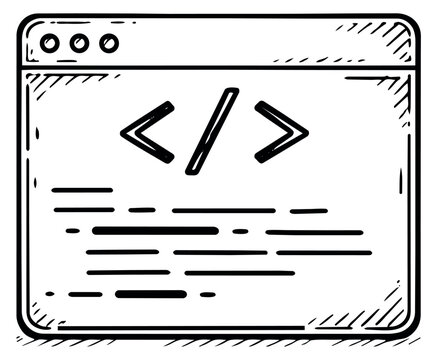 Hand drawn line art illustration of a web browser window depicting code symbols for web development