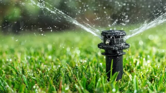 Medium shot of a spraytype automatic sprinkler modulating its water output emphasizing wideangle distribution and misting action over a green lawn.