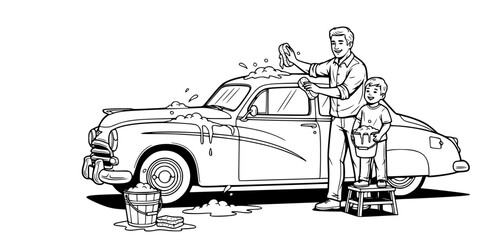 Classic Car Father Son Washing Together Vintage Automobile Vector Black White Illustration Bonding Activity Dad Boy Teamwork Bucket Sponge Retro Design Graphic Resource Family Chore