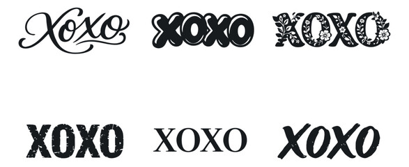 Stylized typography set featuring the word 'Xoxo' in various styles for romantic messages and greetings