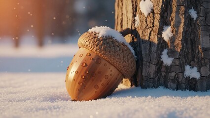 Acorn with snow on cap and water drops on side on snow ground. Winter natural symbol for season celebration and Christmas decoration.