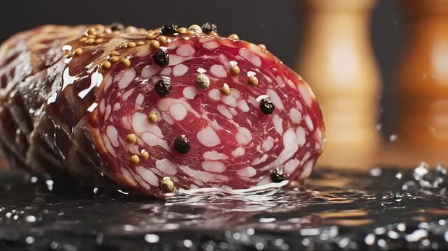 Sliced mortadella being washed with splashing water on a dark background