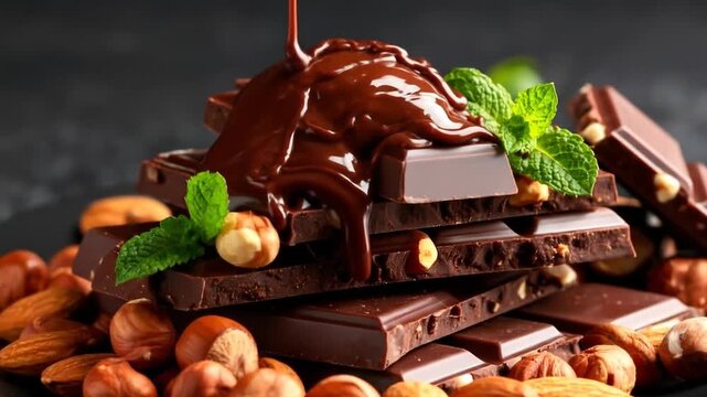 Pouring chocolate with nuts and mint.
