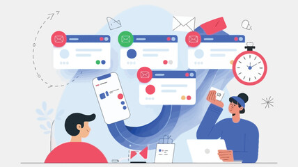 People working on laptops with social media notifications