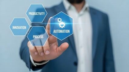 Businessman interacting with futuristic digital interface for innovation and strategy