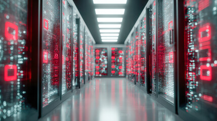Futuristic data center corridor with illuminated server racks displaying glowing red and white digital interface icons for advanced network management